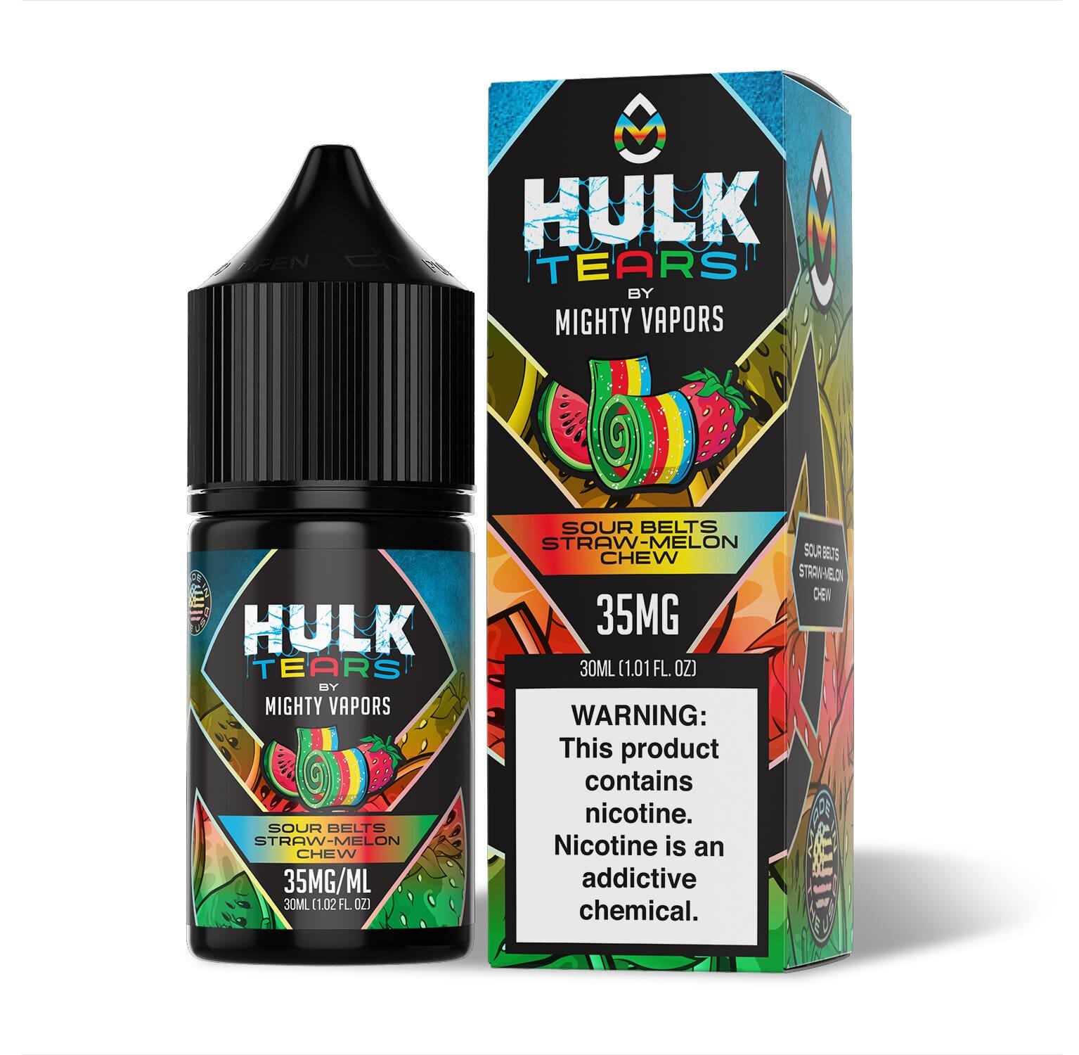 Sour Belts Straw-Melon Chew by Mighty Vapors Hulk Tears Salt Series E-Liquid 30mL (Salt Nic) with Packaging