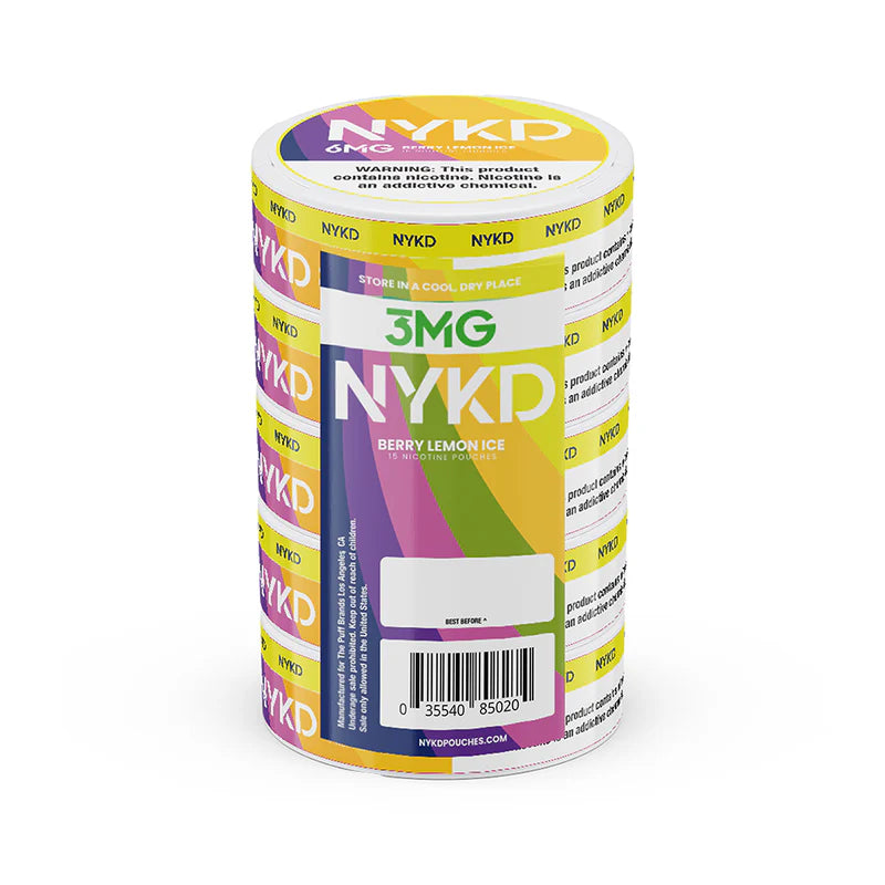 NYKD Oral Nicotine Pouches 3-6mg X20 Pouches 5-Cannister Pack Berry Lemon Ice 3mg