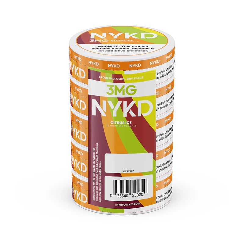 NYKD Oral Nicotine Pouches 3-6mg X20 Pouches 5-Cannister Pack Citrus Ice 3mg