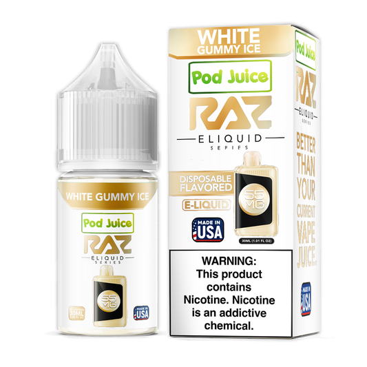 White Gummy Ice Pod Juice x RAZ Salt 30ml with packaging