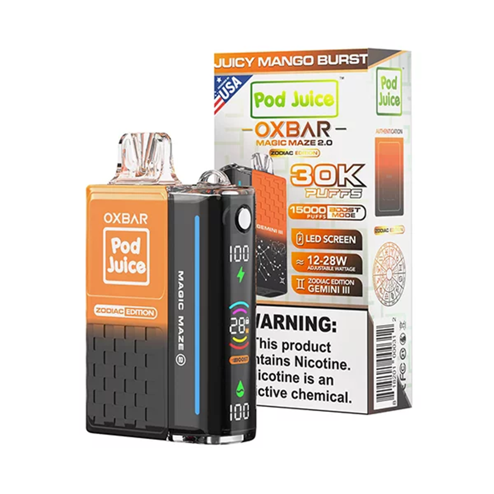 Oxbar Magic Maze 2.0 Pod Juice Edition Disposable 30000 Puffs 13mL 50mg Juicy Mango Burst with packaging