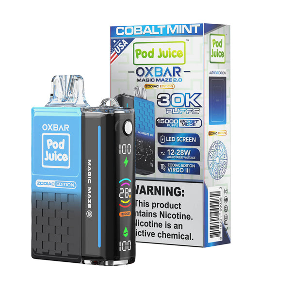 Oxbar Magic Maze 2.0 Pod Juice Edition Disposable 30000 Puffs 13mL 50mg cobalt mint with packaging