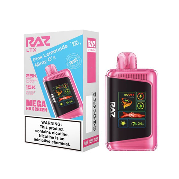 RAZ LTX Disposable 16mL 50mg 25000 Puffs pink lemonade minty o's with packaging