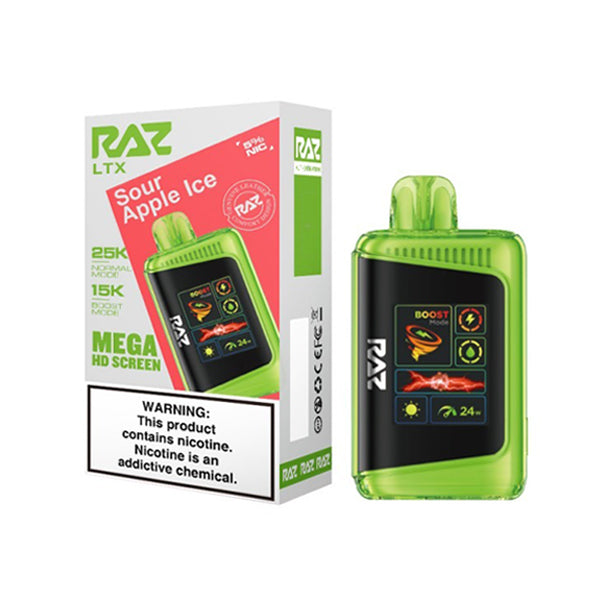 RAZ LTX Disposable 16mL 50mg 25000 Puffs sour apple ice with packaging